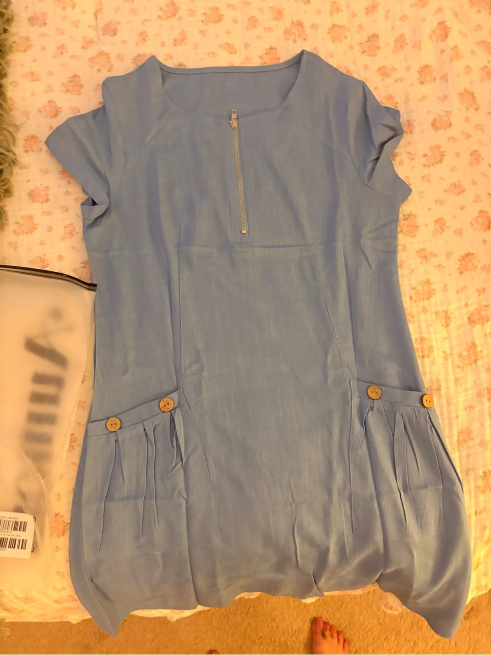 Light Blue Short Sleeve Pocket Dress with Front Zip